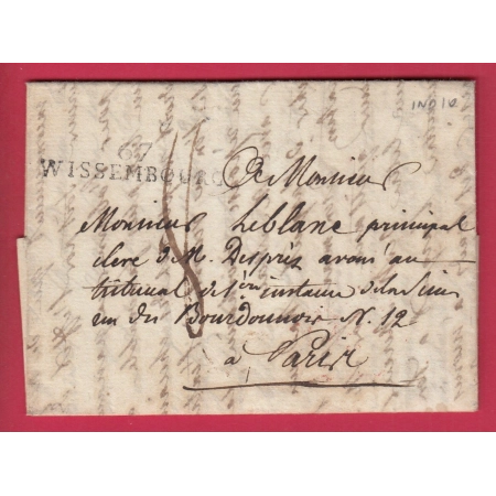 MARQUE 67 WISSEMBOURG BAS RHIN 1807 POUR PARIS INDICE 10  LETTRE COVER