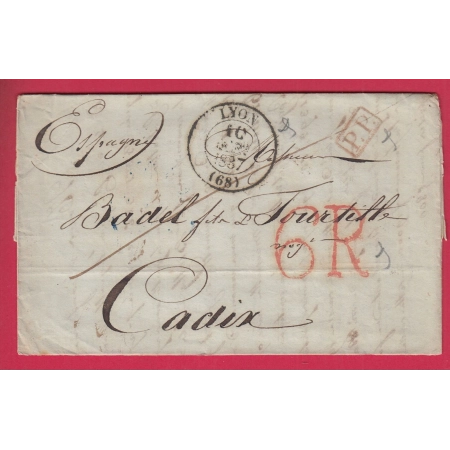 CAD TYPE 13 LYON RHONE TAXE 6 REALS ESPAGNE CADIX 1837 LETTRE COVER