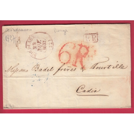 CAD TYPE 13 BORDEAUX EN ROUGE GIRONDE TAXE 6 REALS ESPAGNE CADIX 1837 LETTRE COVER