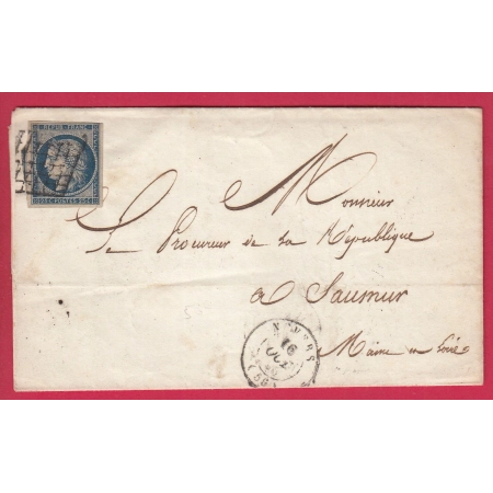 N°4 BLEU FONCE GRILLE DE NEVERS NIEVRE POUR SAUMUR MAINE ET LOIRE 1850 LETTRE COVER