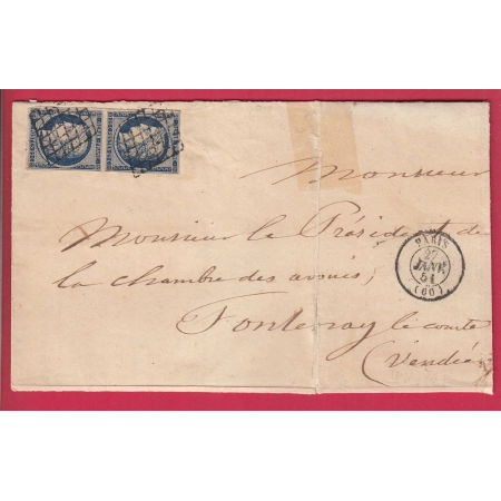 N°4 PAIRE TTB BLEU FONCE GRILLE DE PARIS 1851 POUR FONTENAY LE COMTE VENDEE  LETTRE COVER