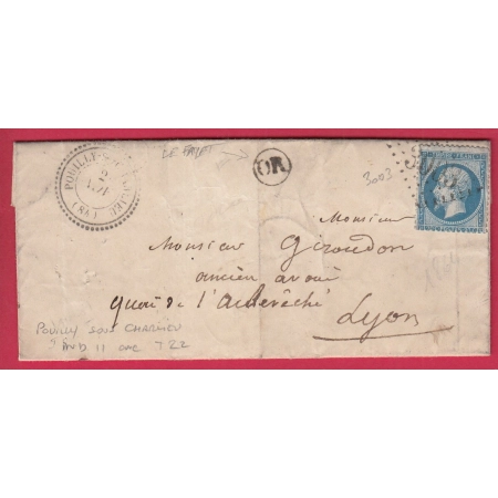 N°22 GC 3003 POUILLY SOUS CHARLIEU CAD TYPE 22 OR LE FAYET POUR LYON LETTRE COVER