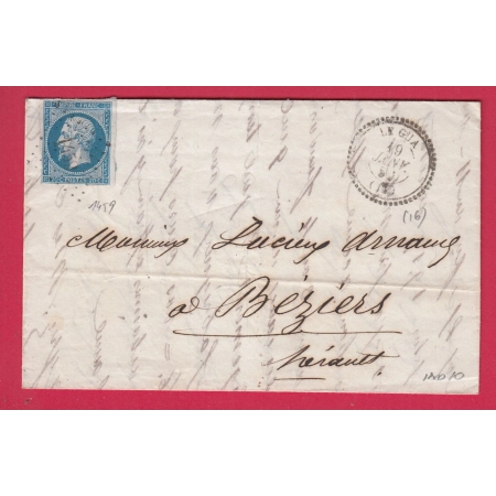 N°14 PC 1459 LE GUA CHARENTE INFERIEURE CAD TYPE 22 POUR BEZIERS HERAULT LETTRE COVER