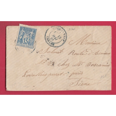 N°90 CAD TYPE 18 EN BLEU BOURGANEUF CREUSE POUR LEVALLOIS PERRET SEINE 1884 LETTRE COVER