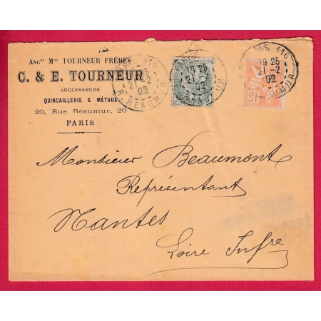 N°111 117 LEVEE EXCEPTIONNELLE PARIS R REAUMUR 1902 + PARIS DEPAT AU DOS POUR NANTES LETTRE COVER