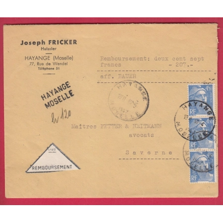 GANDON 4FR50 BLEU RECOMMANDE PROVISOIRE HAYANGE MOSELLE HOROPLAN 1947 POUR SAVERNE ETIQUETTE REMBOURSEMENT LETTRE COVER