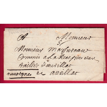 LETTRE DE PARIS 1678 POUR AURILLAC CANTAL MENTION AUVERGNE MANUSCRIT LETTRE COVER