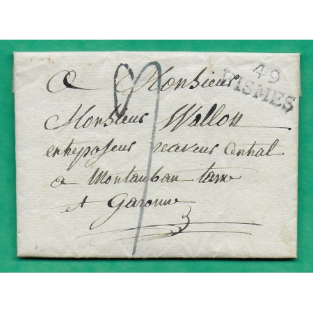 MARQUE 49 FISMES BLEU MARNE POUR MONTAUBAN TARN ET GARONNE 27x11 1824 LETTRE COVER FRANCE
