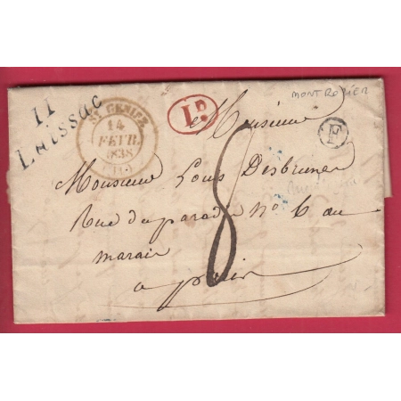 CURSIVE 11 LAISSAC AVEYRON BOITE RURALE G MONTROZIER DECIME RURAL T14 ST GENIES POUR PARIS 1838 LETTRE COVER