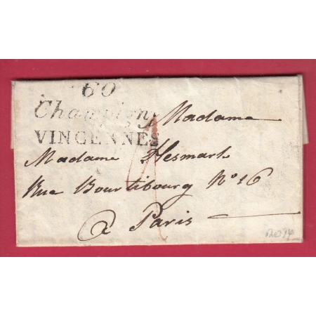 DOUBLE CURSIVE 60 CHAMPIGNY VINCENNES POUR PARIS 1824 INDICE 14 LETTRE COVER