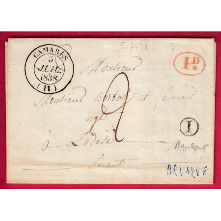 CAD TYPE 14 CAMARES AVEYRON BOITE RURALE I BRUSQUE + DECIME RURAL 1838 POUR LODEVE HERAULT LETTRE COVER