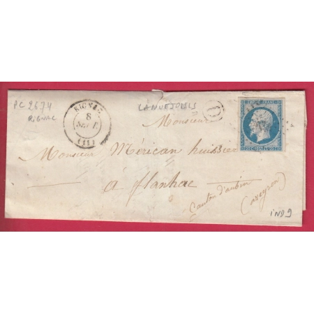 N°14 BLEU LAITEUX PC 2674 RIGNAC AVEYRON BOITE RURALE D LANUEJOULS POUR FLAGANC FLANHAC EN OCCITAN 1858 LETTRE COVER