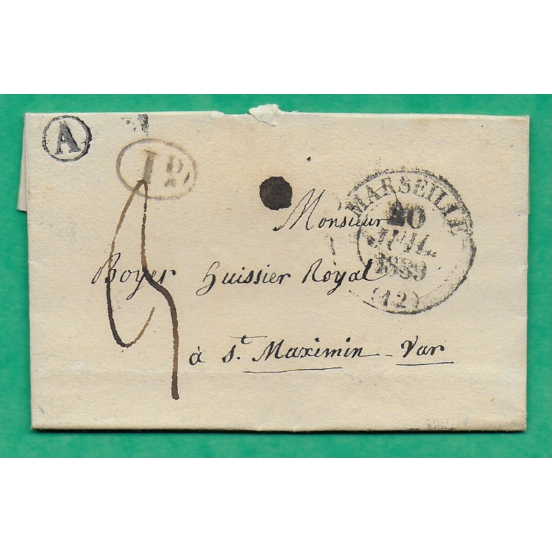 CAD TYPE 13 MARSEILLE BOUCHES DU RHONE DECIME + BOITE RURALE A ALLAUCH POUR ST MAXIMIN VAR 1839 LETTRE COVER FRANCE