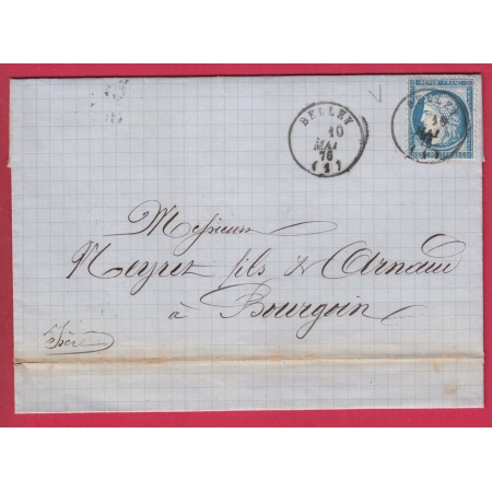N°60 CAD TYPE 16 BELLEY AIN POUR BOURGOIN ISERE LETTRE COVER