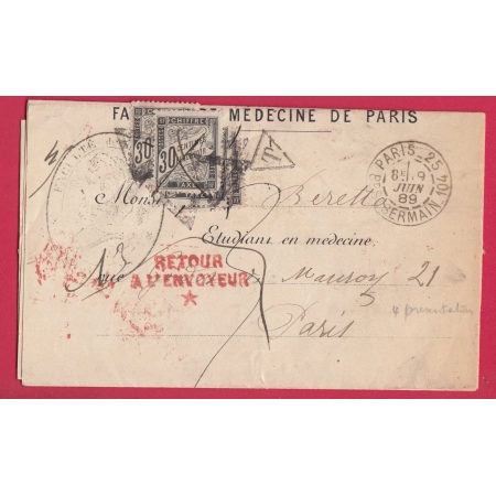 TAXE N°18 LETTRE PRESENTEE 4 FOIS PARIS 25 25 BD ST GERMAIN 1889 + REBUT DE PARIS EN ROUGE LETTRE COVER