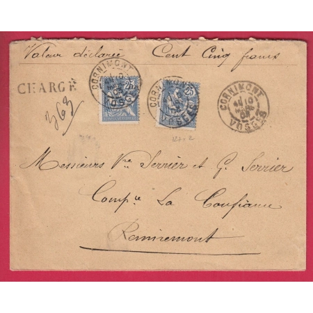 N°127 X2 CORNIMONT VOSGES 1903 LETTRE CHARGE POUR REMIREMONT COVER