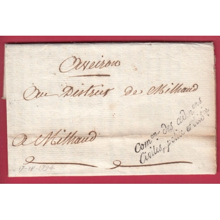 FRANCHISE COMon DE ADMons CIVILES POLICE ET TRIBUNAUX POUR MILLAU AVEYRON 1794 LETTRE COVER