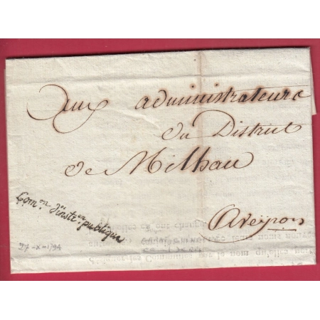 FRANCHISE COMon INSTRUCTION PUBLIQUE POUR MILLAU AVEYRON 1794 LETTRE COVER