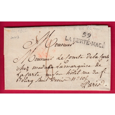 MARQUE 59 LA FERTE MACE ORNE 1826 INDICE 13 POUR PARIS LETTRE COVER