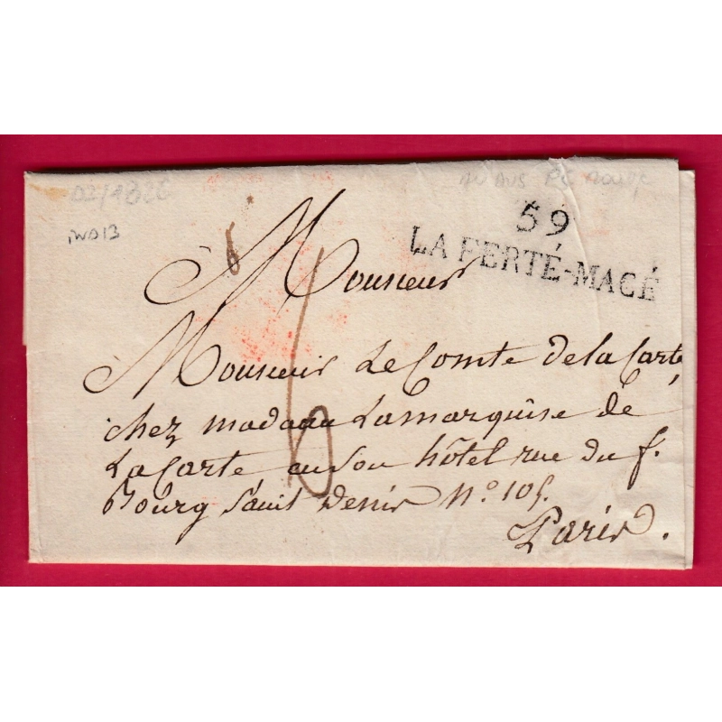 MARQUE 59 LA FERTE MACE ORNE 1826 INDICE 13 POUR PARIS LETTRE COVER