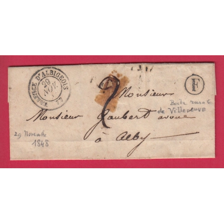 CAD TYPE 15 VALENCE D'ALBIGEOIS TARN BOITE RURALE F VILLENEUVE POUR ALBI 1848 LETTRE COVER
