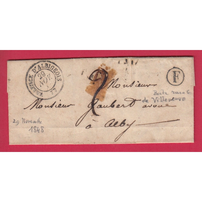 CAD TYPE 15 VALENCE D'ALBIGEOIS TARN BOITE RURALE F VILLENEUVE POUR ALBI 1848 LETTRE COVER