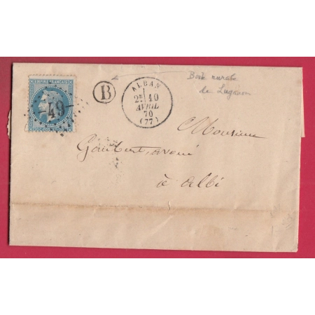 N°29 GC 49 ALBAN TARN BOITE RURALE B LUGANON ?? POUR ALBI 1870 LETTRE COVER
