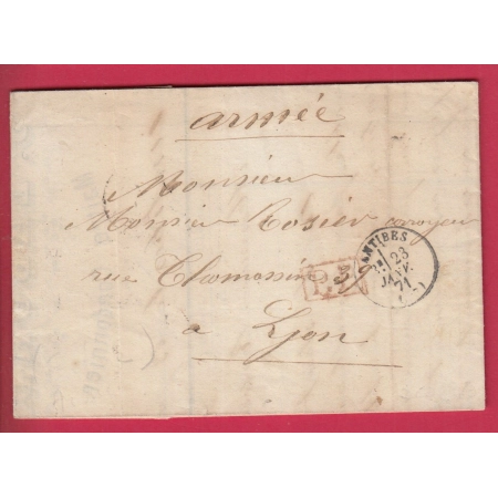 GUERRE 1870 ANTIBES ALPES MARITIMES PP ROUGE 23.01.1871 27EME REGIMENT DE LIGNE LETTRE COVER