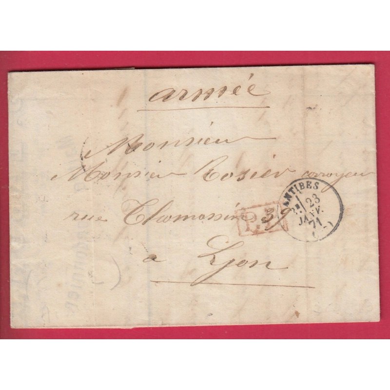 GUERRE 1870 ANTIBES ALPES MARITIMES PP ROUGE 23.01.1871 27EME REGIMENT DE LIGNE LETTRE COVER