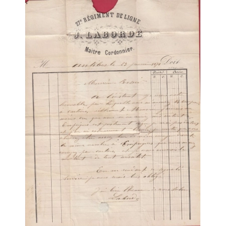 GUERRE 1870 ANTIBES ALPES MARITIMES PP ROUGE 23.01.1871 27EME REGIMENT DE LIGNE LETTRE COVER
