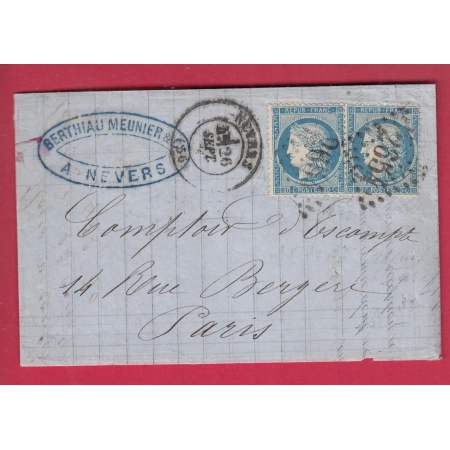 N°37 X2 DOUBLE PORT DU 26 SEPTEMBRE 1871 NEVERS NIEVRE POUR PARIS LETTRE COVER