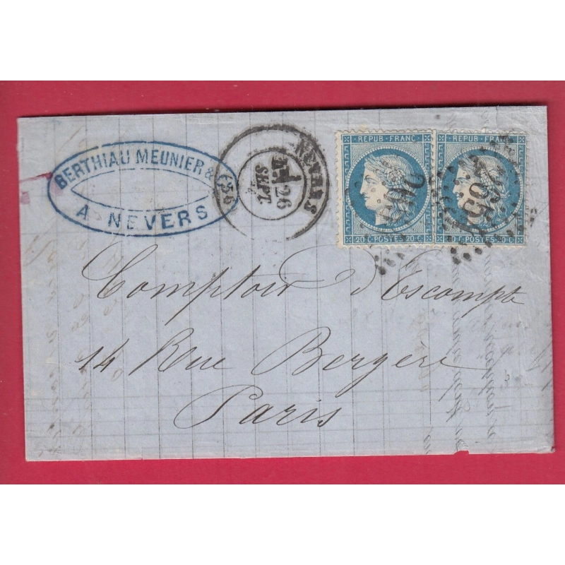 N°37 X2 DOUBLE PORT DU 26 SEPTEMBRE 1871 NEVERS NIEVRE POUR PARIS LETTRE COVER