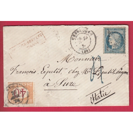 N°60 GC 1002 CHERBOURG MANCHE TIMBRE TAXE 40 CENTESIMI SUZE SUSA ITALIE ITALIA + TAXE MANUSCRITE BLEUE LETTRE COVER