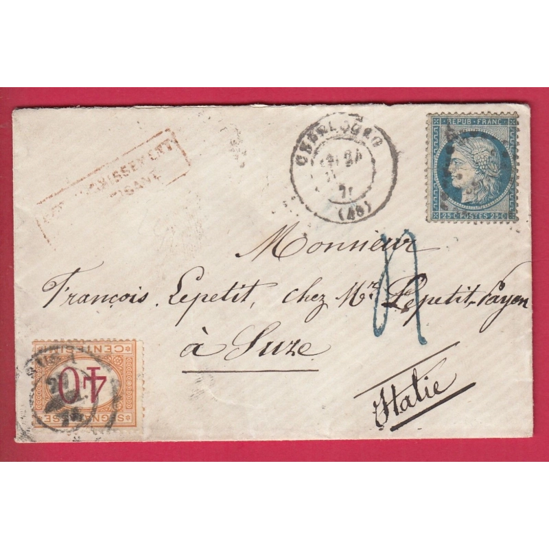 N°60 GC 1002 CHERBOURG MANCHE TIMBRE TAXE 40 CENTESIMI SUZE SUSA ITALIE ITALIA + TAXE MANUSCRITE BLEUE LETTRE COVER