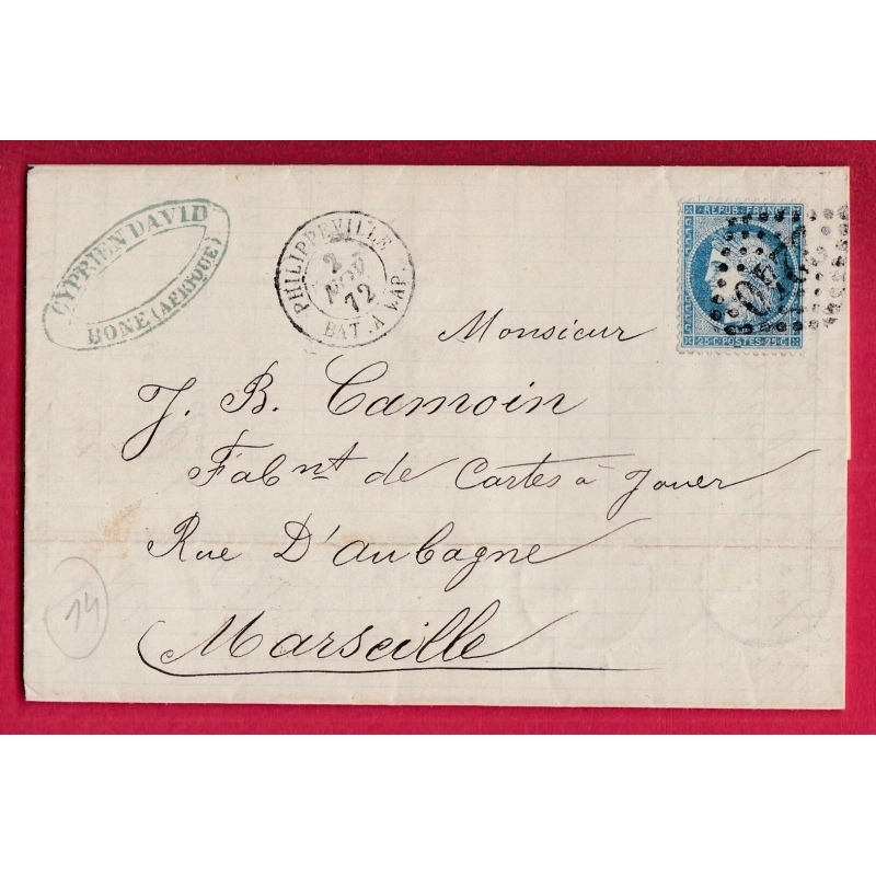 N°60 PHILIPPEVILLE BATEAU A VAPEUR TEXTE DE BONE ALGERIE GC 2240 MARSEILLE ETIQUETTE PUB AU DOS LETTRE COVER