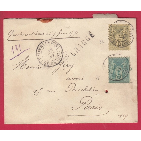 N°75 82 LE HAVRE LE PORT SEINE INFERIEURE LETTRE CHARGE POUR PARIS COVER