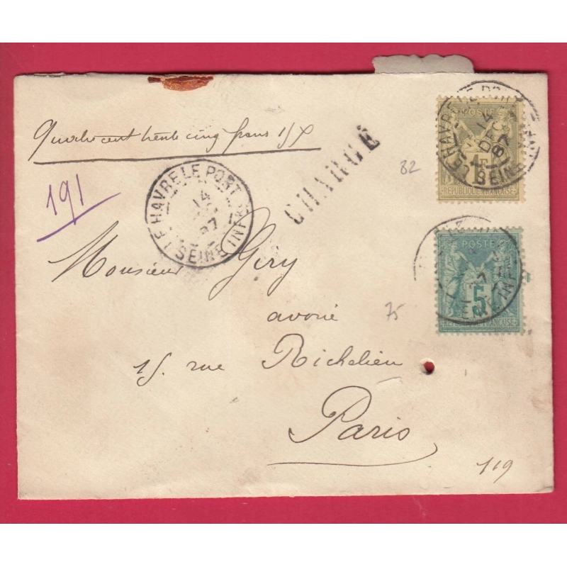 N°75 82 LE HAVRE LE PORT SEINE INFERIEURE LETTRE CHARGE POUR PARIS COVER