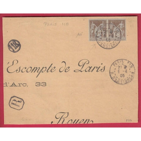 N°105 PAIRE PARIS 118 POUR ROUEN 1905 FRAGMENT DE LETTRE PAPIERS AFFAIRES RECOMMANDE COVER