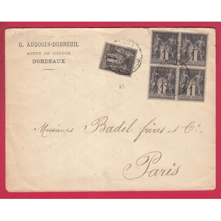 N°83 BLOC DE 4 + UN BORDEAUX GIRONDE POUR PARIS 1896 LETTRE COVER