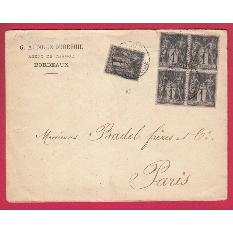 N°83 BLOC DE 4 + UN BORDEAUX GIRONDE POUR PARIS 1896 LETTRE COVER