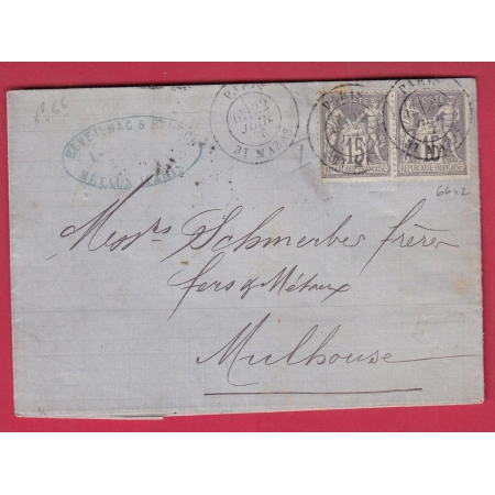 N°66 PAIRE PARIS BT MAZAS JUILLET 1876 POUR MULHOUSE HAUT RHIN ALSACE LORRAINE ALLEMAGNE FER A CHEVAL LETTRE COVER