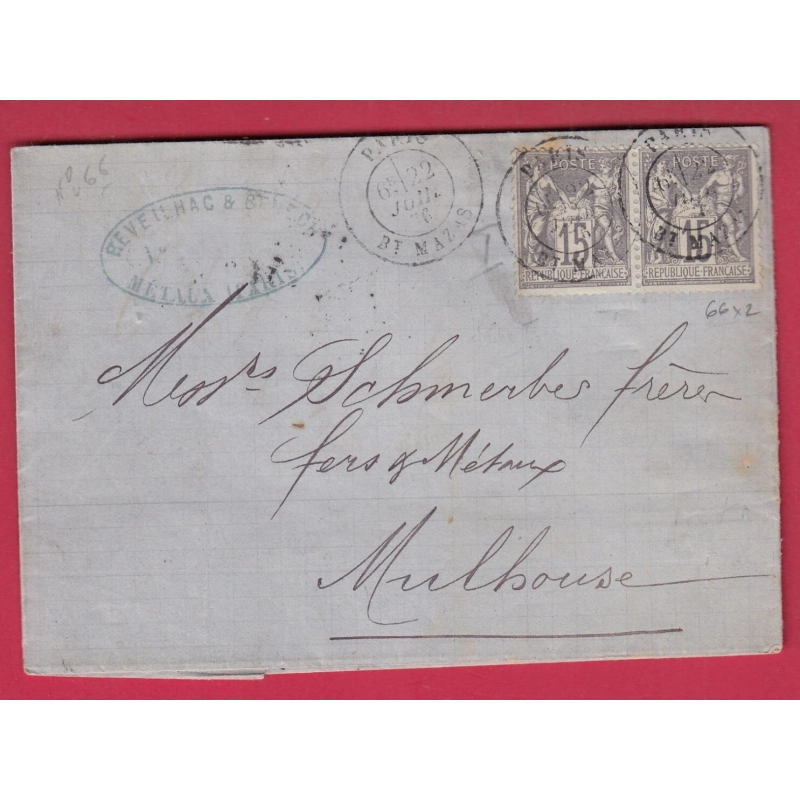 N°66 PAIRE PARIS BT MAZAS JUILLET 1876 POUR MULHOUSE HAUT RHIN ALSACE LORRAINE ALLEMAGNE FER A CHEVAL LETTRE COVER