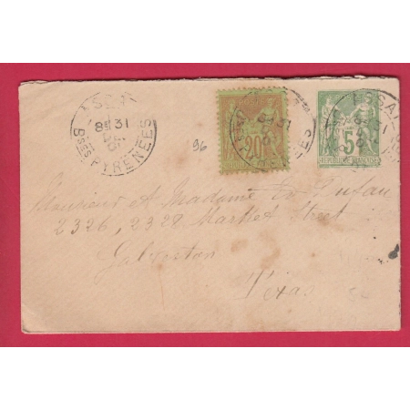 ENTIER SAGE + N°96 ASSAT BASSES PYRENEES POUR GALVESTON TEXAS USA ETATS UNIS AMERIQUE 1901 LETTRE COVER