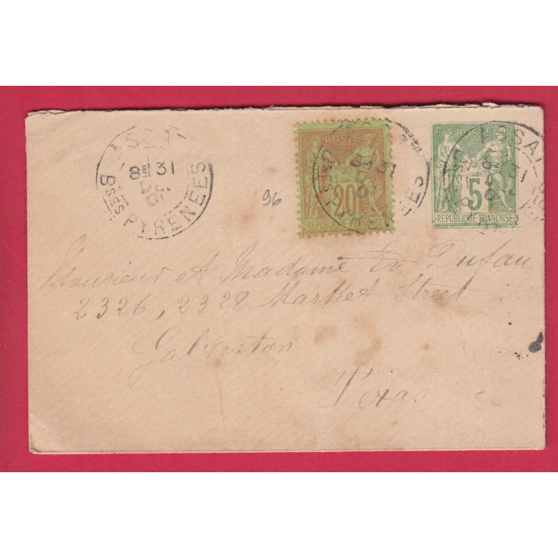 ENTIER SAGE + N°96 ASSAT BASSES PYRENEES POUR GALVESTON TEXAS USA ETATS UNIS AMERIQUE 1901 LETTRE COVER
