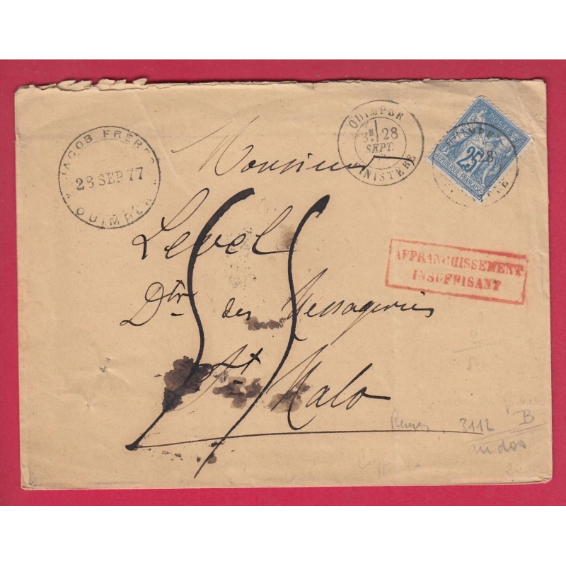 N°79 QUIMPER FINISTERE 1877 AFRANCHISSEMENT INSUFFISANT TAXE 55 MANUSCRIT ST MALO BUREAU PASSE RENNES ILLE ET VILAINE