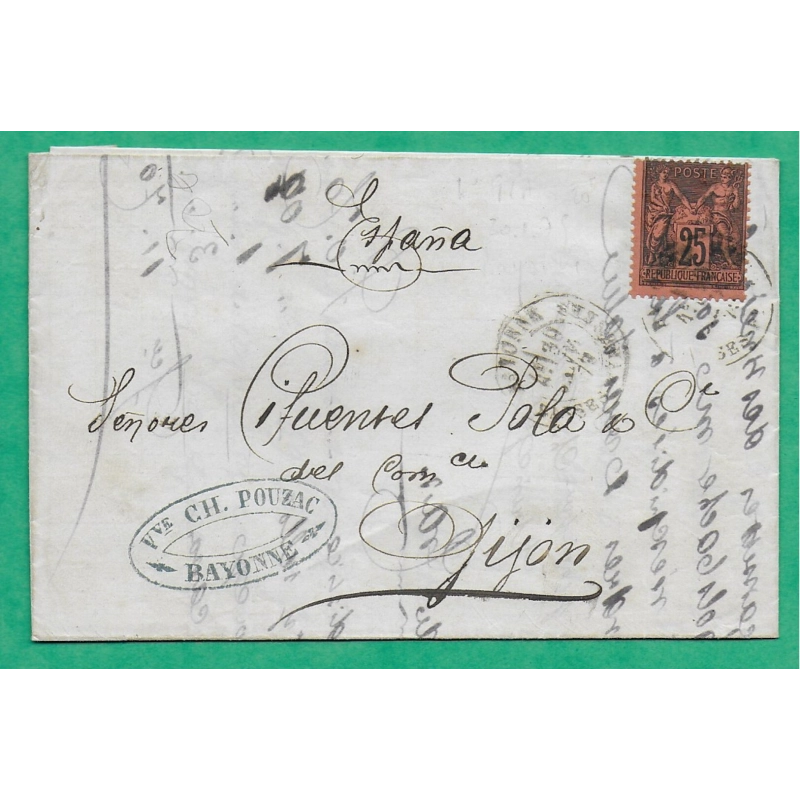 N°91 SAGE CAD TYPE 18 BAYONNE BASSES PYRENEES POUR GIJON ESPAGNE SPAIN 1879 LETTRE COVER FRANCE