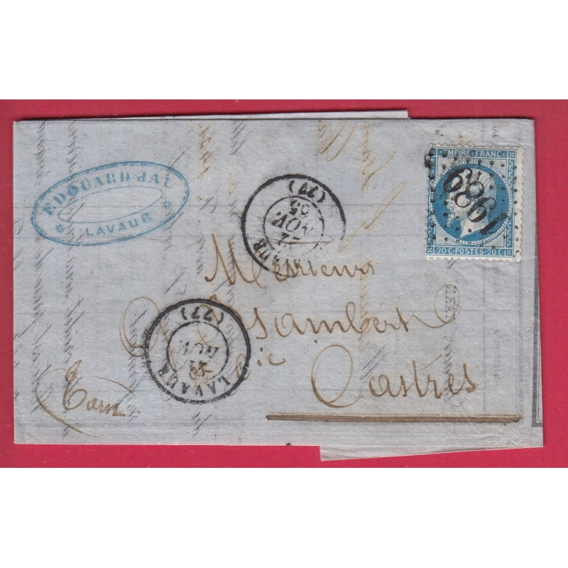 N°22 PRECUSEUR APRES LE DEPART 21 ET 22 NOV 1865 GC 1989 LAVAUR TARN POUR CASTRES LETTRE COVER