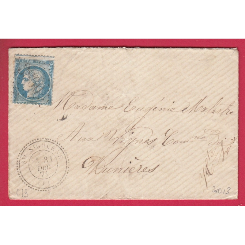 N°60 GC 3860 CAD TYPE 24 STE SIGOLENE HAUTE LOIRE POUR DUNIERES INDICE 13 LETTRE COVER