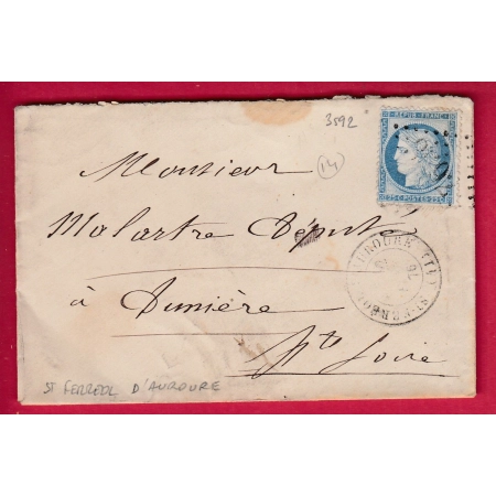N°60 GC 3592 ST FERREOL D'AUROURE HAUTE LOIRE POUR DUNIERES 1876 INDICE 14 LETTRE COVER