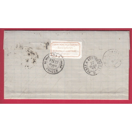 N°78 CASTRES SUR L'AGOUT TARN BOITE RURALE H BURLATS POUR ST DIE VOSGES LETTRE COVER ETIQUETTE PUB AU DOS